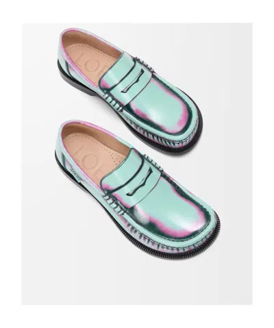 Loewe Mocassini Campo In Pelle Multicolor Donna In Mint Green/pink/forest Green