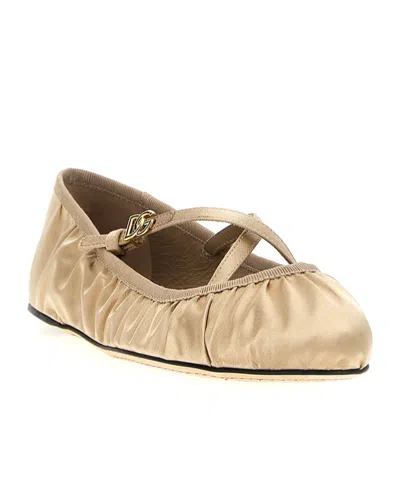 Dolce & Gabbana Elastic Trim Ruched Design Ballerina Flats In Beige
