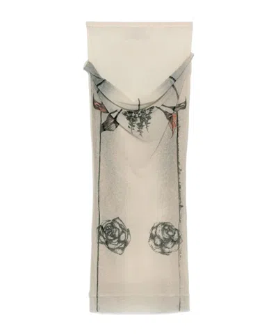 Jean Paul Gaultier Mesh Skirt Double Layer Printed Tattoo Rose & Bird In Ecru Black Red