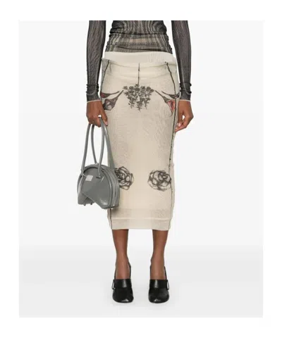 Jean Paul Gaultier Mesh Skirt Double Layer Printed Tattoo Rose & Bird In Ecru Black Red