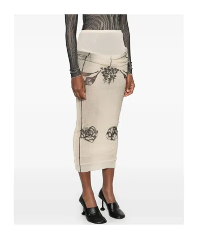 Jean Paul Gaultier Mesh Skirt Double Layer Printed Tattoo Rose & Bird In Ecru Black Red