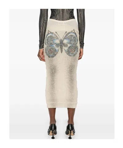 Jean Paul Gaultier Mesh Skirt Double Layer Printed Tattoo Rose & Bird In Ecru Black Red