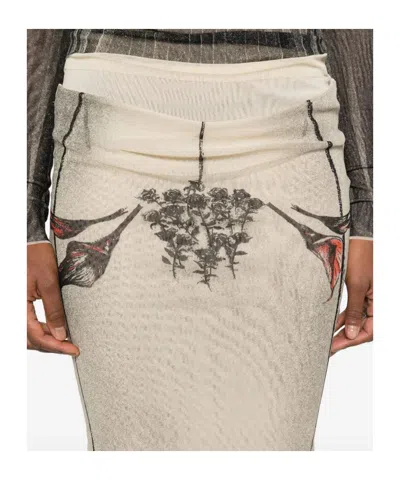 Jean Paul Gaultier Mesh Skirt Double Layer Printed Tattoo Rose & Bird In Ecru Black Red