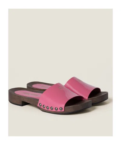 Miu Miu Leather Sandals With Wooden Clog In Multi