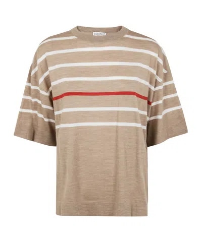 Brunello Cucinelli Crew Neck Striped Short Sleeves Sweater In Nude
