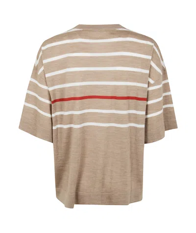 Brunello Cucinelli Crew Neck Striped Short Sleeves Sweater In Nude