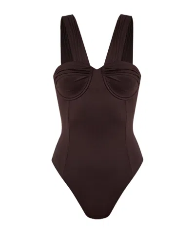 Balmain Logo Tag One-piece Swimsuit In Brown