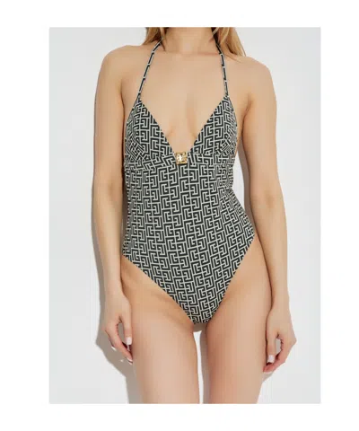 Balmain Monogram-pattern Swimsuit In Black
