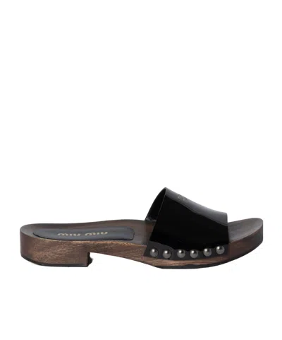 Miu Miu Open-toe Black Patent Sandals With Decorative Studs In Black