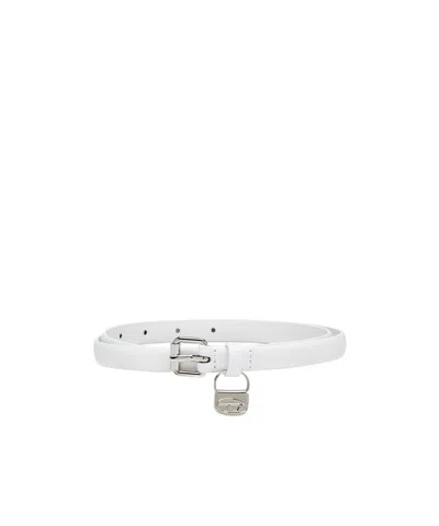 Diesel Slim Leather Belt With 1dr Bag Charm In White