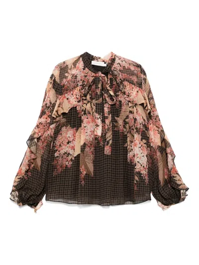 Zimmermann Womens Black Floral Illuminate Flutter Floral-print Sheer Blouse In Brown