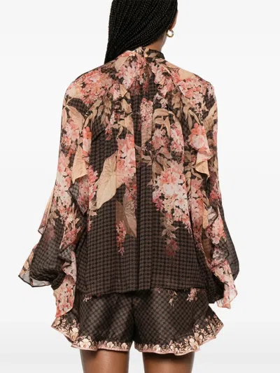Zimmermann Womens Black Floral Illuminate Flutter Floral-print Sheer Blouse In Brown