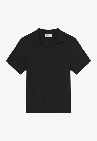 Frame Jacquard Short Sleeve Open Collar Polo Shirt In Black