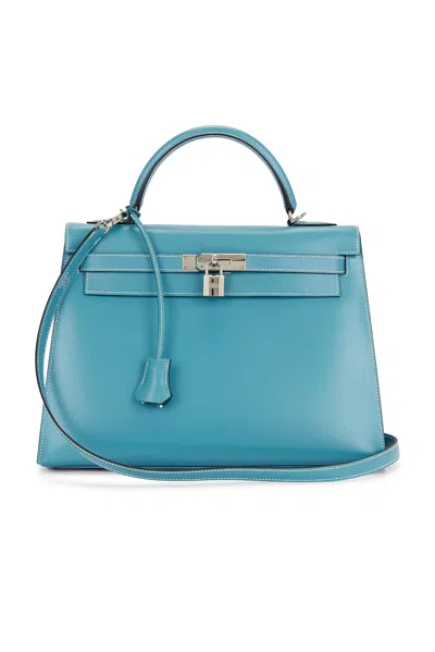 Pre-owned Hermes Box Kelly 32 Handbag In Bleu Jean