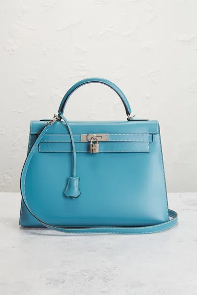 Pre-owned Hermes Box Kelly 32 Handbag In Bleu Jean