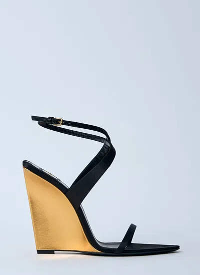 Saint Laurent Lucienne 110 Crepe Satin Wedge Sandals In Black