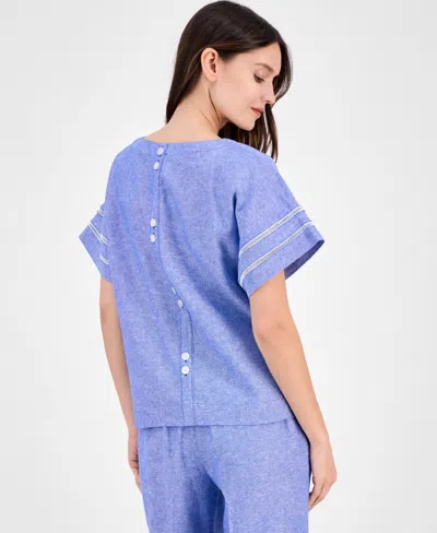 Anne Klein Linen-blend Boxy Top In Blue
