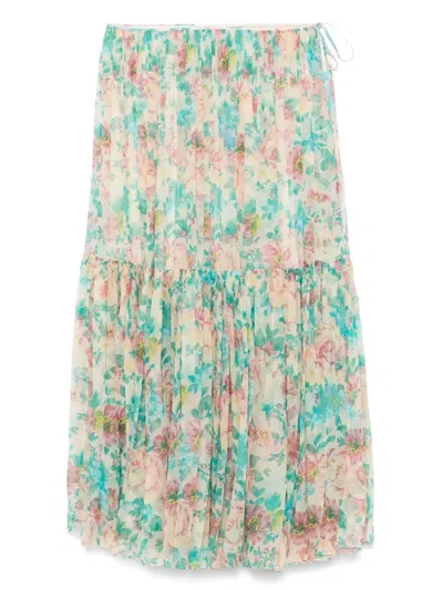 Chloé Floral Tiered Silk Skirt With Elastic Waistband In Neutrals