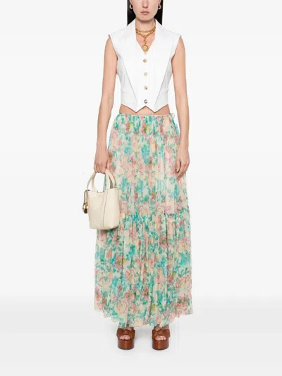 Chloé Floral Tiered Silk Skirt With Elastic Waistband In Neutrals