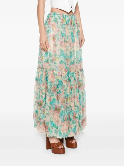 Chloé Floral Tiered Silk Skirt With Elastic Waistband In Neutrals