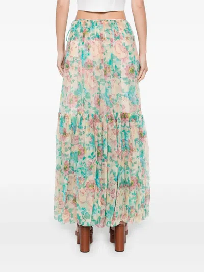 Chloé Floral Tiered Silk Skirt With Elastic Waistband In Neutrals
