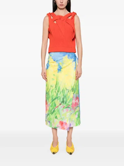 Msgm Multicolor Skirt With All-over Printed Floral Motif In Yellow