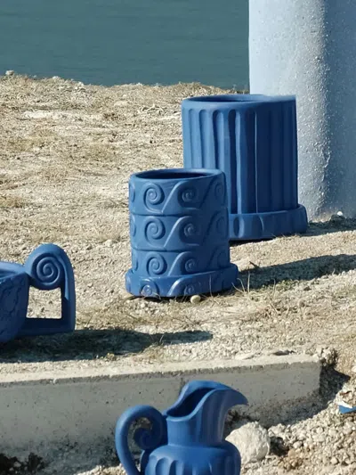 Seletti Magna Graecia Onda Terracotta Vase With Saucer In Blue