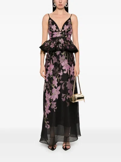Zimmermann Dawning Bead-embellished Floral-print Linen And Silk-blend Peplum Maxi Dress In Black
