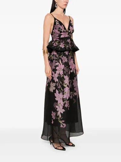 Zimmermann Dawning Bead-embellished Floral-print Linen And Silk-blend Peplum Maxi Dress In Black