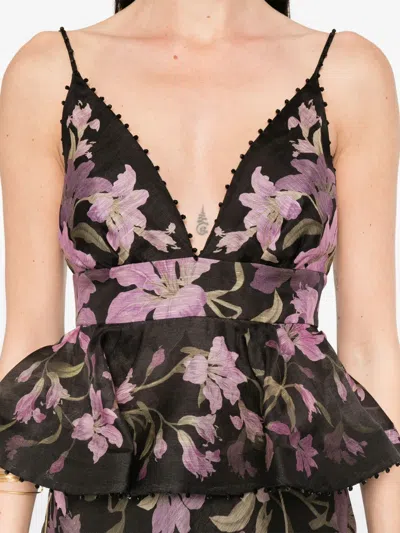 Zimmermann Dawning Bead-embellished Floral-print Linen And Silk-blend Peplum Maxi Dress In Black