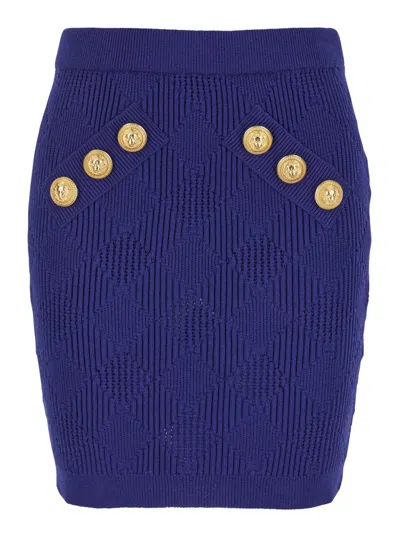 Balmain Blue Mini Skirt With Jewel Buttons In Viscose Blend Woman