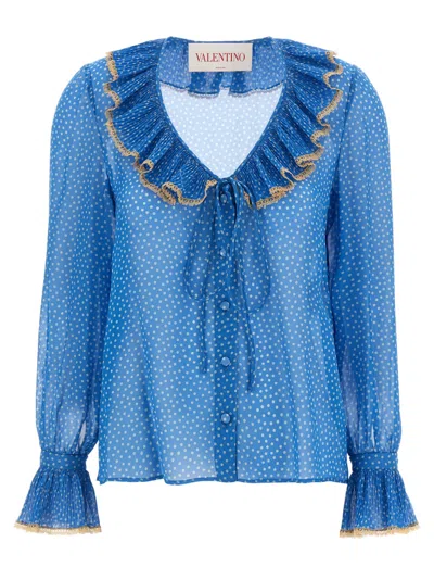 Valentino Polka-dots Silk Shirt With Lace Profile In Blue