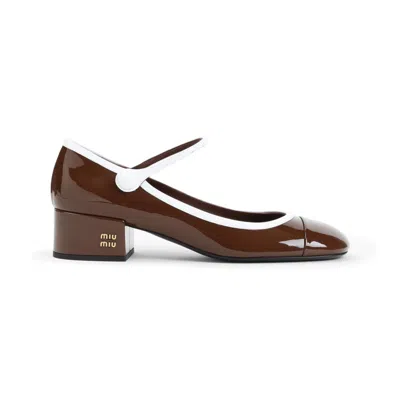 Miu Miu Bicolor Patent Leather Block-heel Mary Jane Pumps In Brown