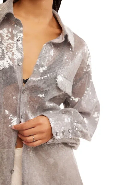 Free People Disco Margarita Sheer Sequin Button-up Shirt In Rocket