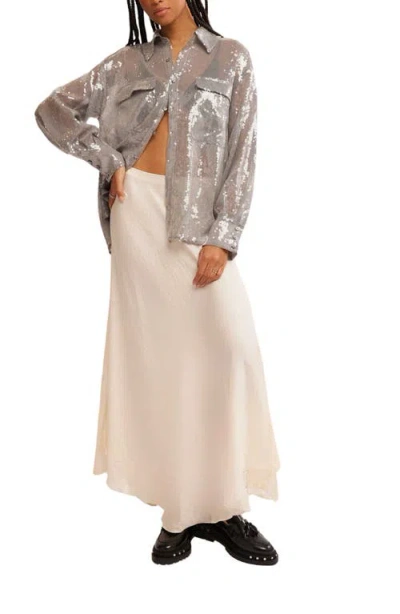 Free People Disco Margarita Sheer Sequin Button-up Shirt In Rocket
