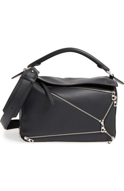 Shop Loewe 'puzzle Zips' Calfskin Leather Bag In Black