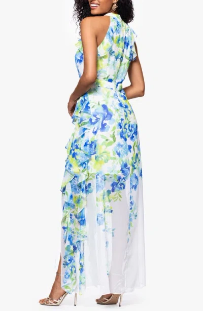 Betsy & Adam Print Ruffle Sleeveless Gown In Multi