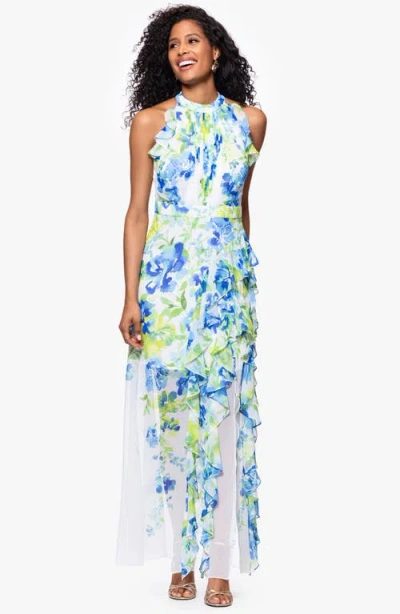 Betsy & Adam Print Ruffle Sleeveless Gown In Multi