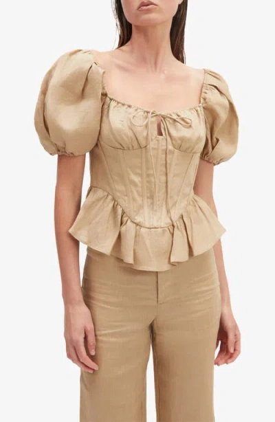 Bardot Esra Puff Sleeve Linen Corset Top In Latte