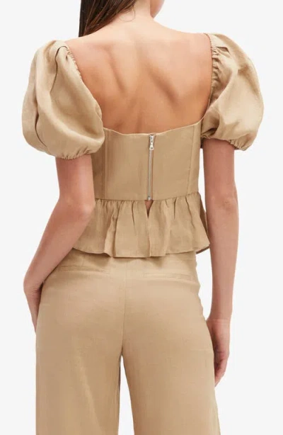 Bardot Esra Puff Sleeve Linen Corset Top In Latte