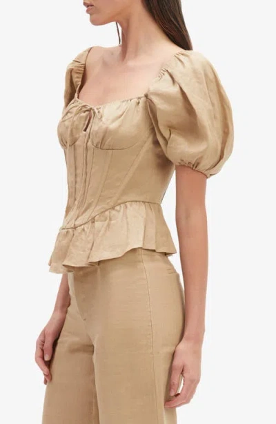 Bardot Esra Puff Sleeve Linen Corset Top In Latte