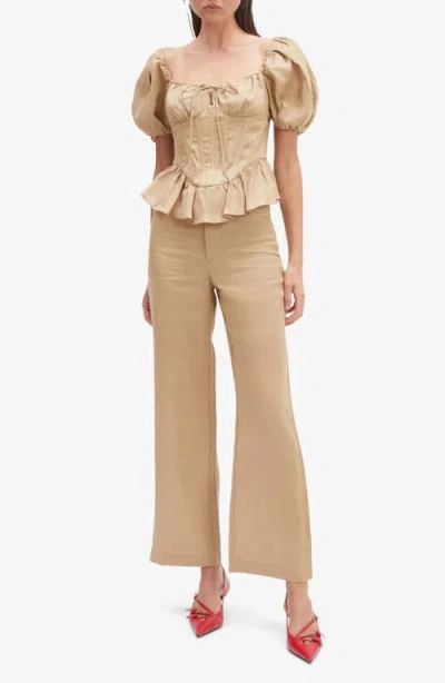 Bardot Esra Puff Sleeve Linen Corset Top In Latte
