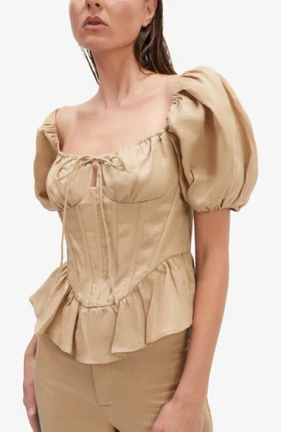 Bardot Esra Puff Sleeve Linen Corset Top In Latte