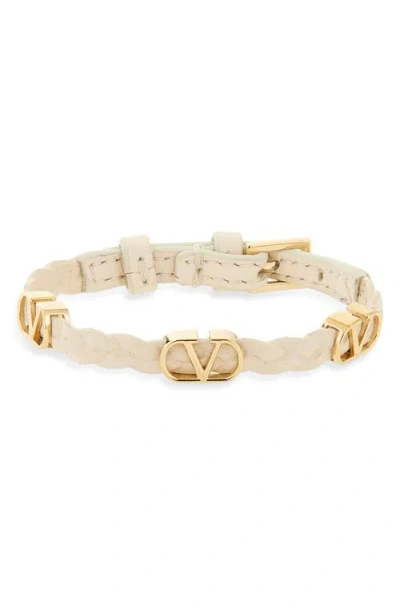 Valentino Garavani Vlogo Braided Leather Bracelet In Light Ivory
