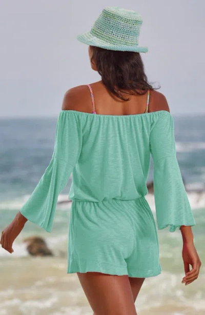 Becca Breezy Basics Off The Shoulder Cover-up Romper In Aqua Sea