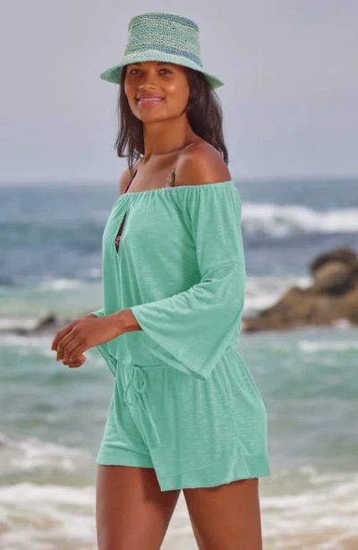 Becca Breezy Basics Off The Shoulder Cover-up Romper In Aqua Sea
