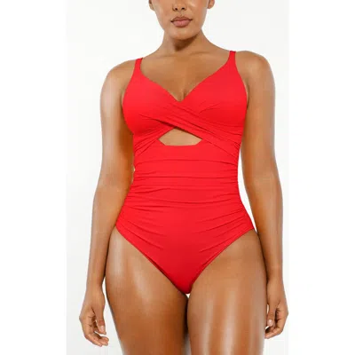 Shapellx Smart Sculpt Ribbed Cutout-front Shaping Swimsuit In Cherry