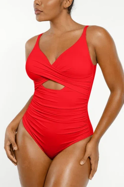 Shapellx Smart Sculpt Ribbed Cutout-front Shaping Swimsuit In Cherry