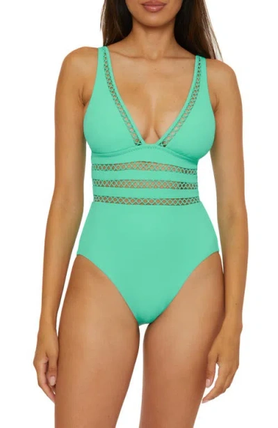 Becca Modern Edge Swimsuit Women Aqua Sea Stretch Plunge One Piece Red330 In Aqua Sea