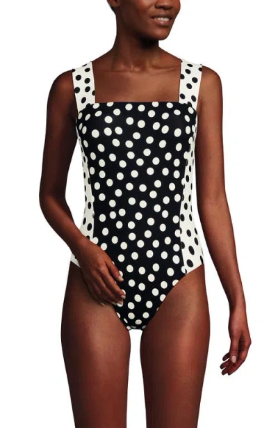 Lands' End Square Neck High Leg One Piece Swimsuit In Black/egret Mixed Tossed Dots